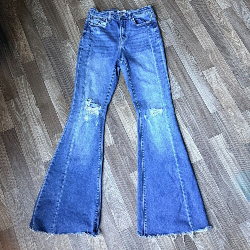 Flying Monkey Distressed Bell Bottom Flare Jeans Front Seam Raw Hem Size 27